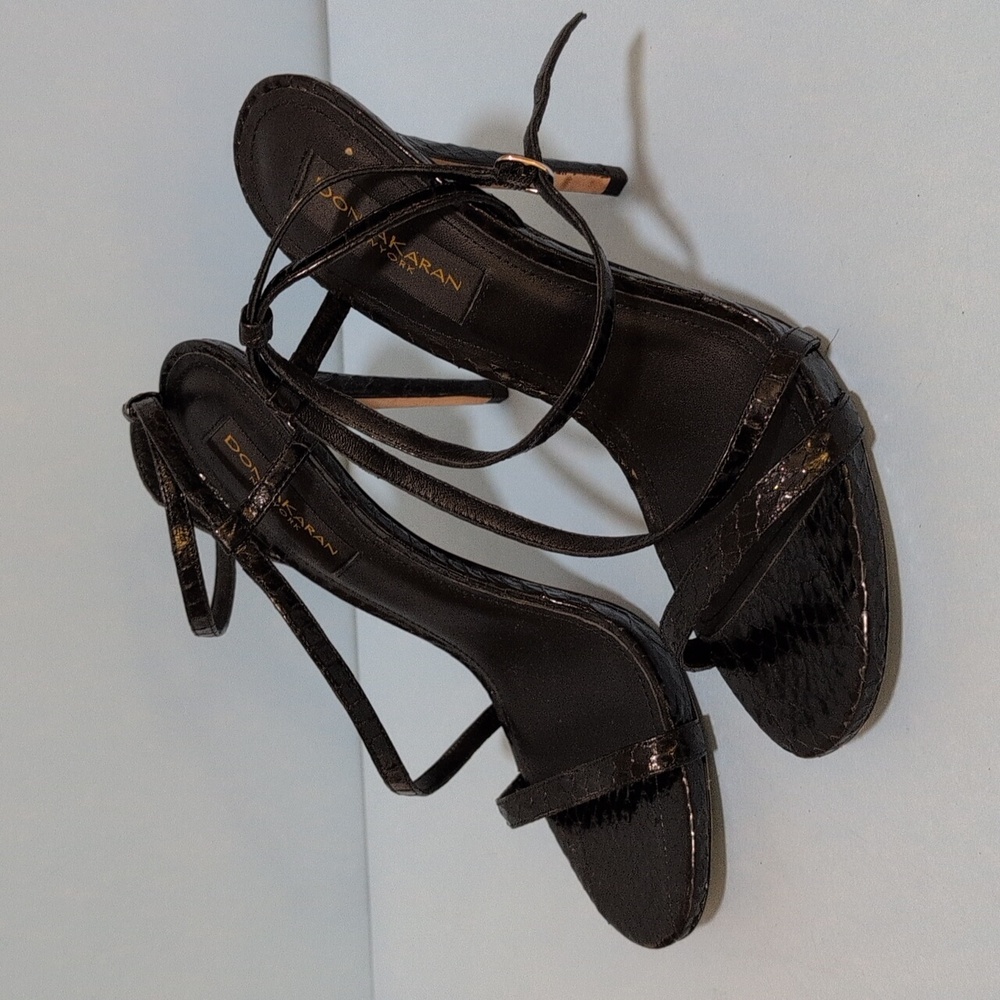 Donna Karan, all leather heels, black crock surface, straps, size 9.5